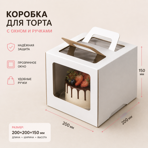 Коробка для торта 200*200*150 белая с окном и ручками Коробка для торта 200*200*150 белая с окном и ручками